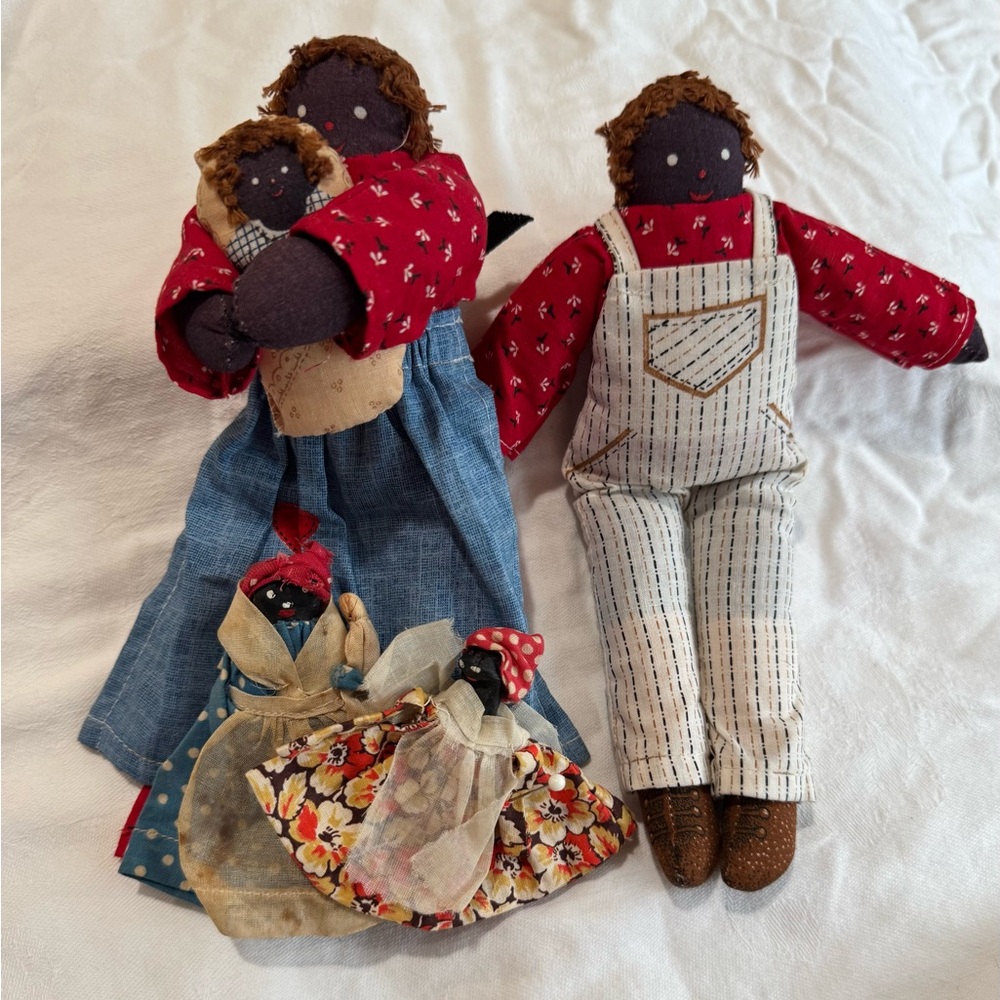 Handcrafted Antique Americana Family Doll Set with Red and Blue Outfits
